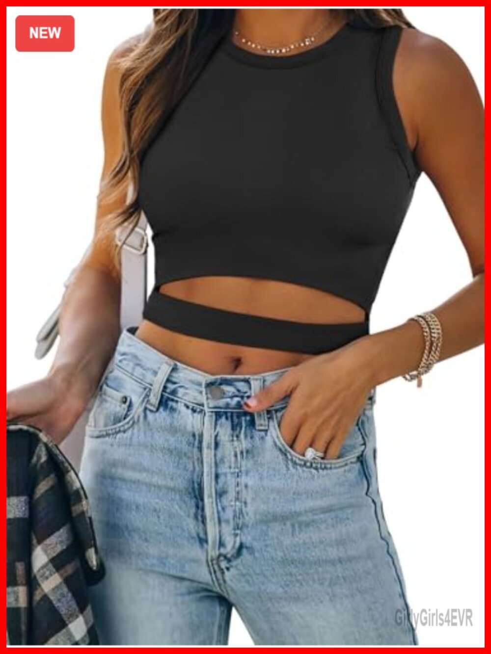 Slim Fit Cutout Crop Tank Top Sleeveless Crew Neck Summer Going Out